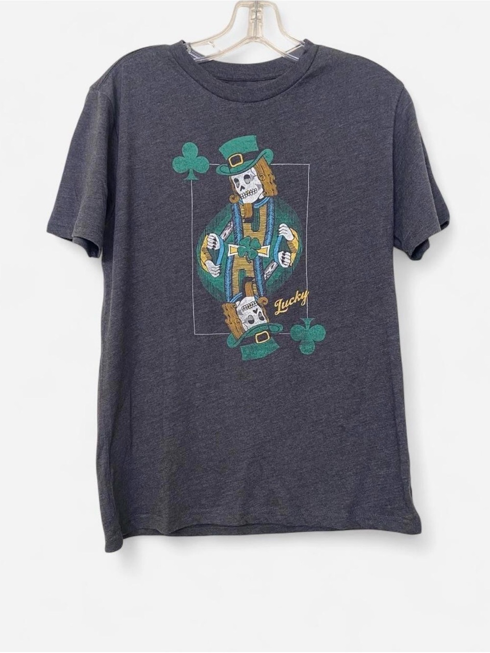 Lucky Brand Charcoal Tee with Skeleton Leprechaun Graphic